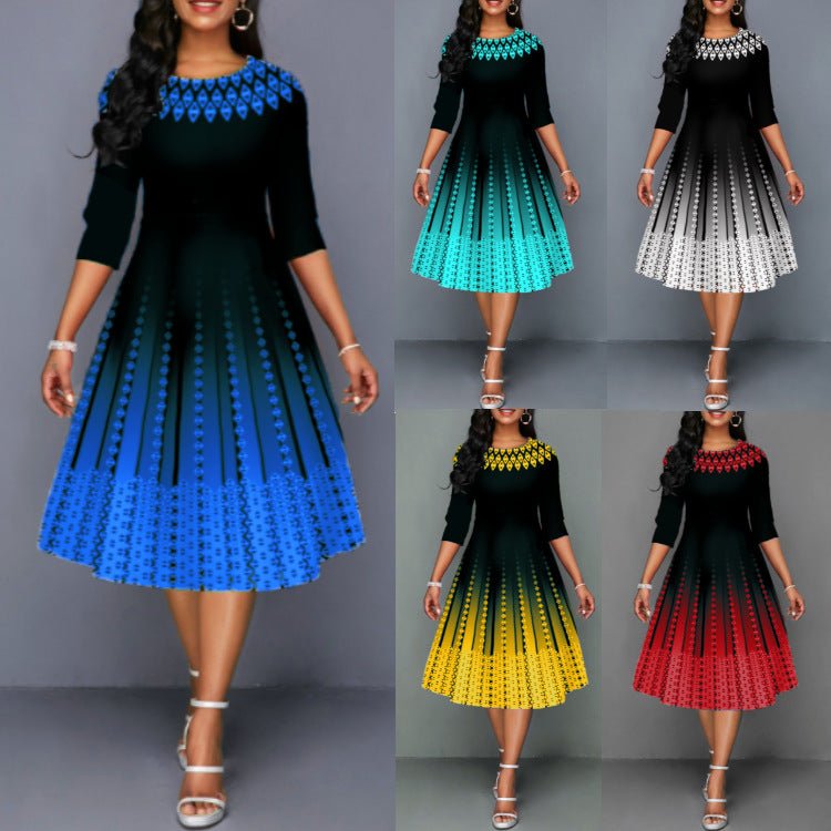 Women's Fashionable Printed Graceful Half Sleeve Waist Dress - RICALOUX