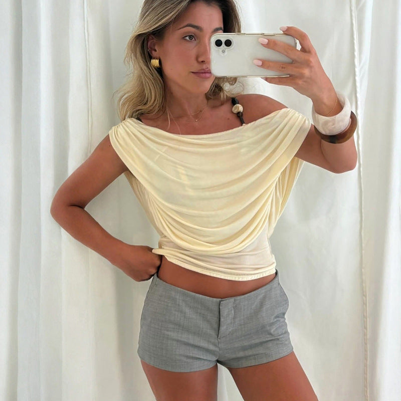 Solid-color Sleeveless Off-shoulder Boat-neck Backless T-shirt by Ricaloux