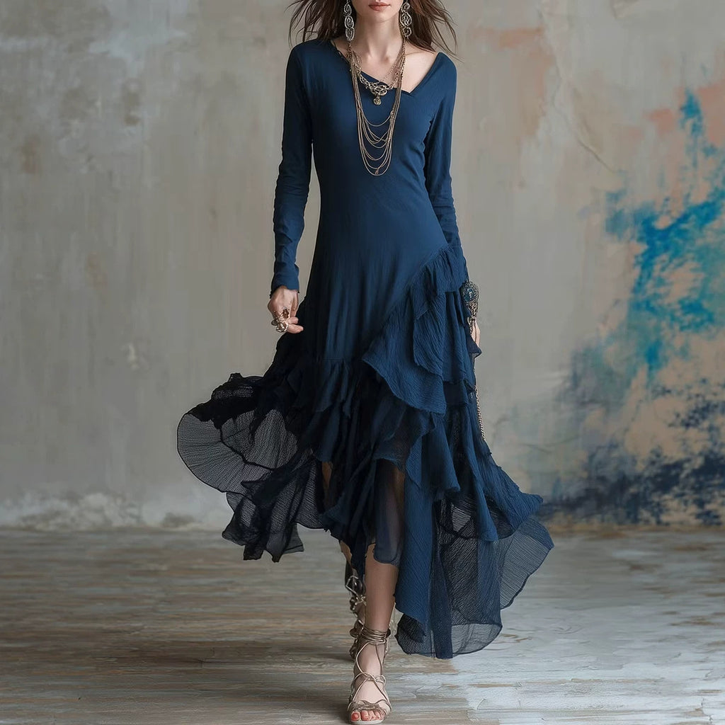 Asymmetrical Ruffled Hem Casual Waist-cinching Slimming Dress With A Mock Neck And Vintage Flair by Ricaloux