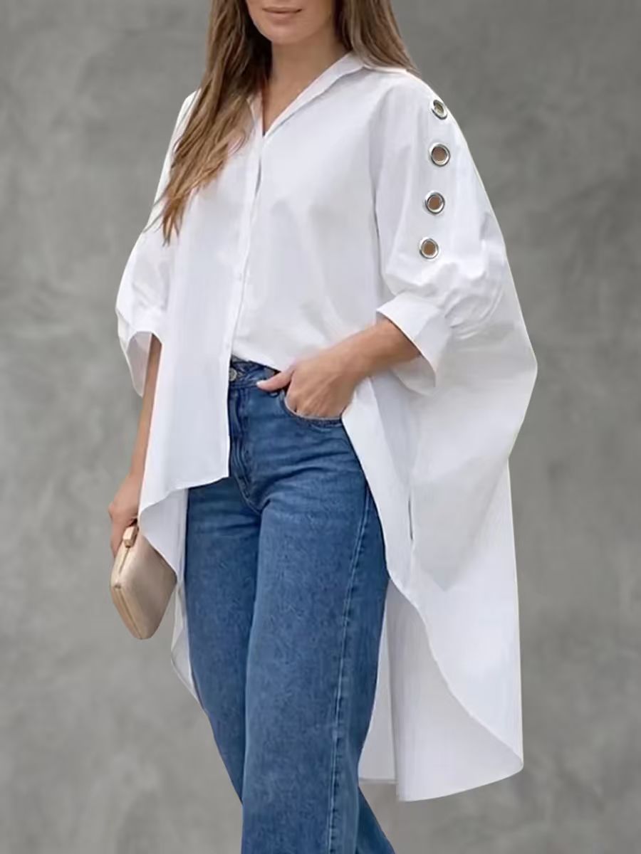 Womens Loose-fit Solid-color Long-sleeve Shirt by Ricaloux