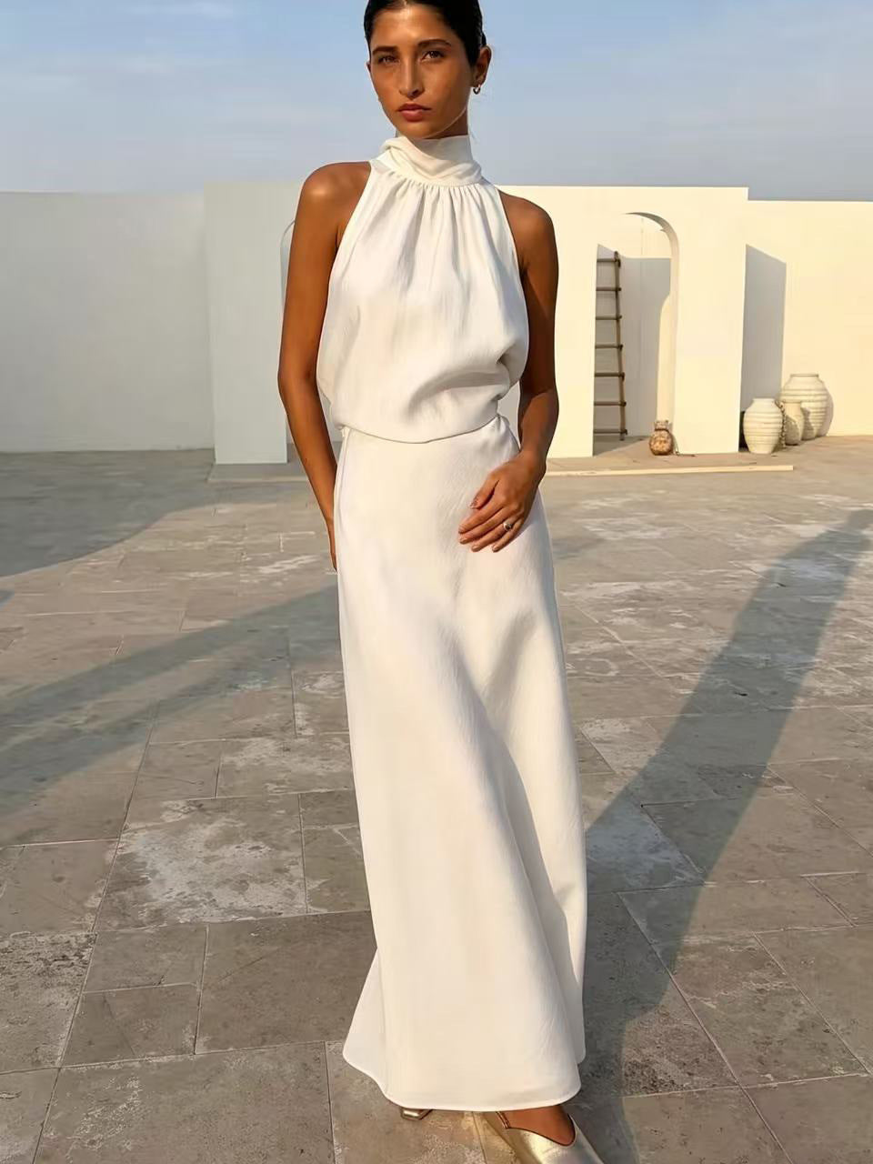 SpringSummer Halterneck Sleeveless Top With Flowing Straps And High-Waisted Fishtail Midi Skirt Set – Premium 0 | RICALOUX