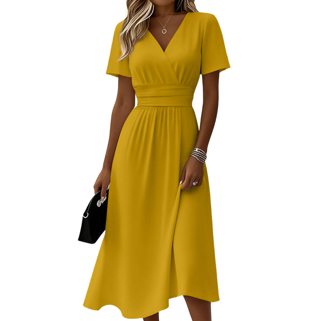 Womens Solid-Color Casual Short-Sleeve V-Neck Dress by Ricaloux