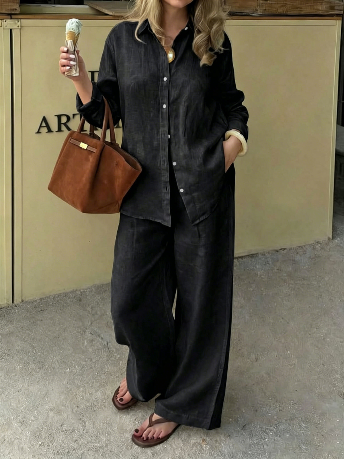 Simple Linen Two-piece Set With A Lapel And Long Sleeves – Premium 0 | RICALOUX
