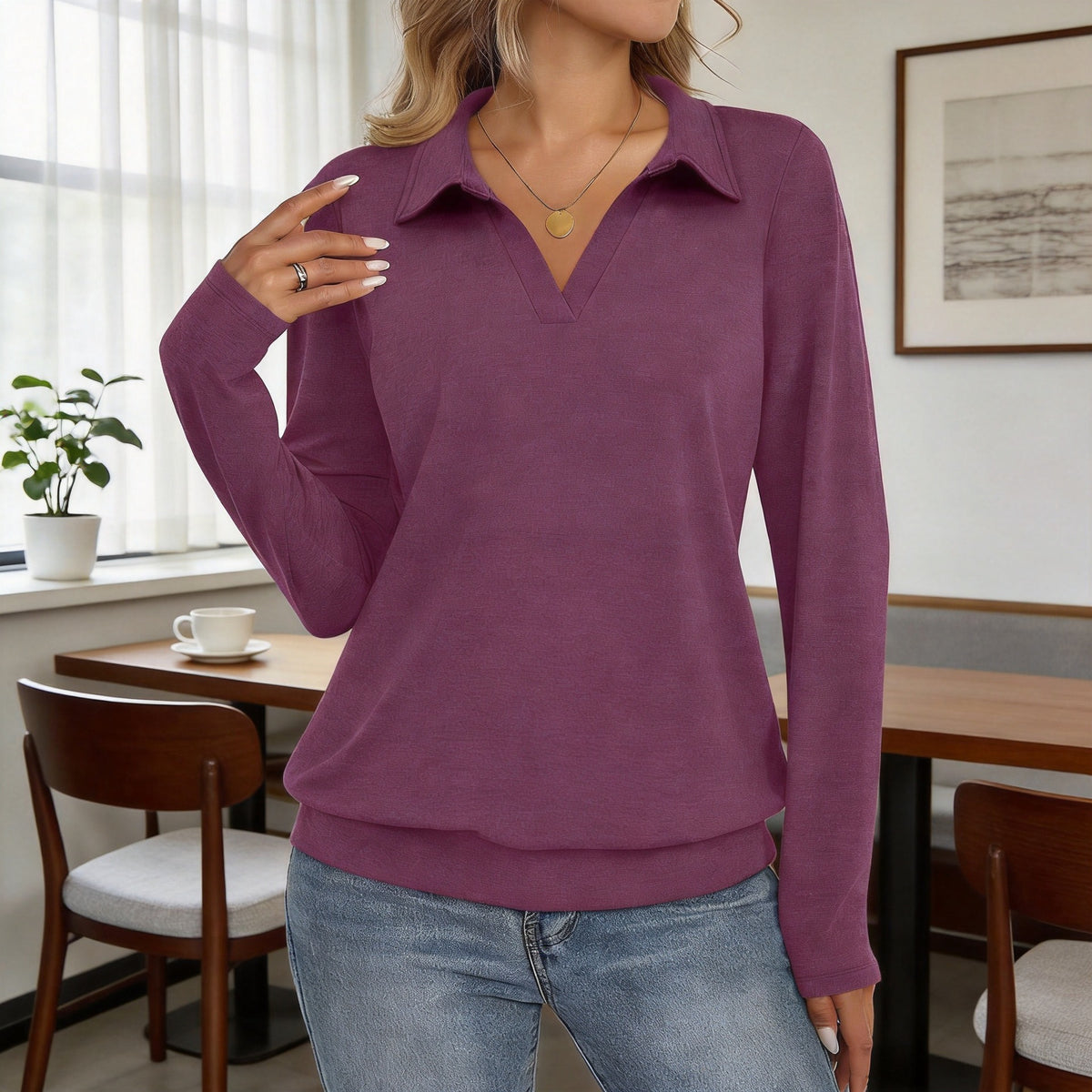 Womens Long-sleeved Fashionable Casual Minimalist And Relaxed-fit Top by Ricaloux
