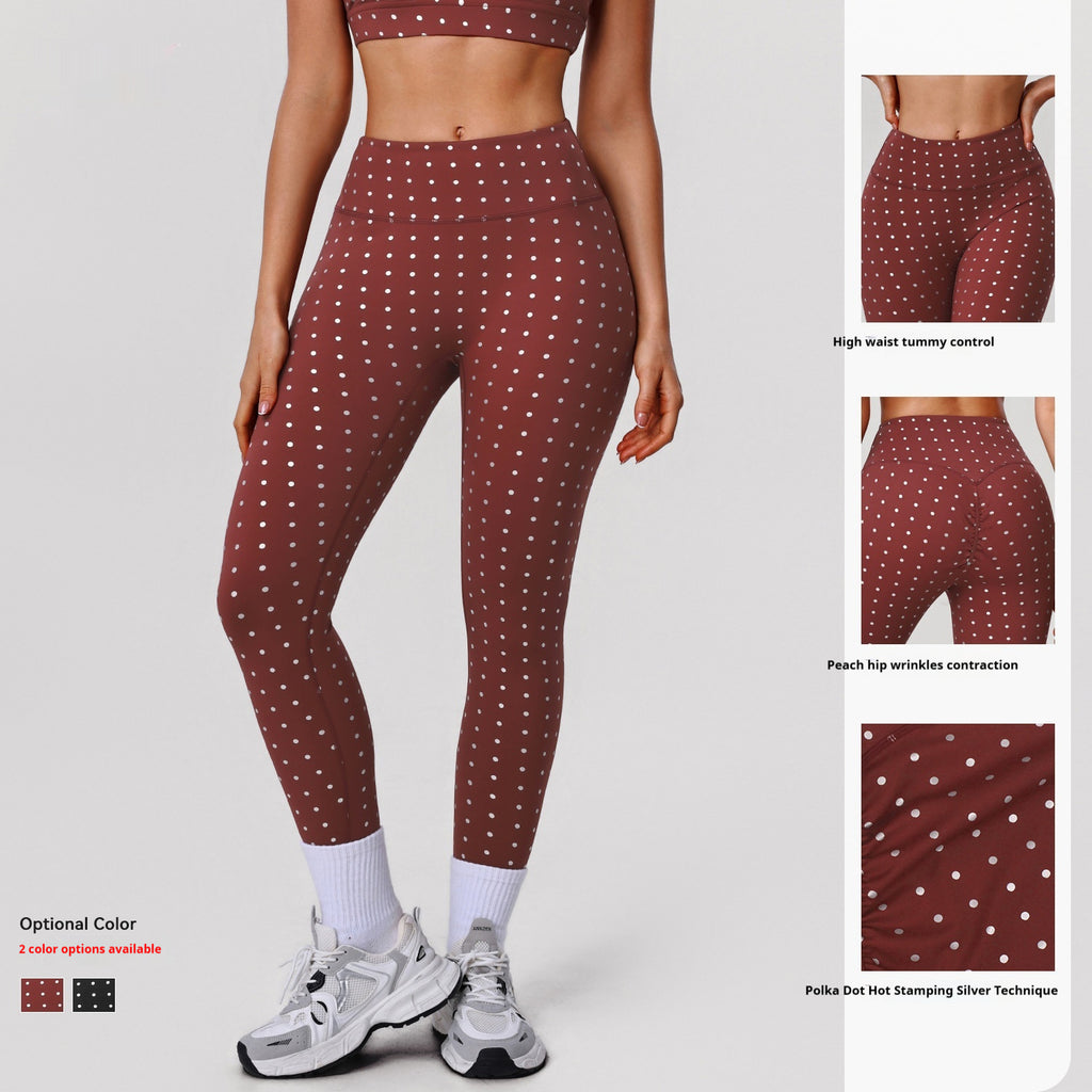 Womens High-Waisted Stretchy Silver-Hot-Stamped Polka-Dot Yoga Pants by Ricaloux
