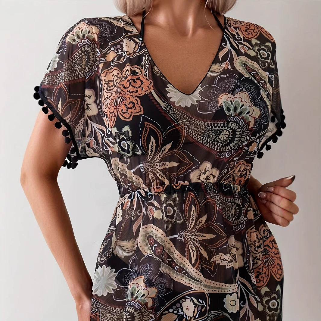 Fashionable Short-sleeve V-neck Dress With An Elastic Waist – Premium 0 | RICALOUX