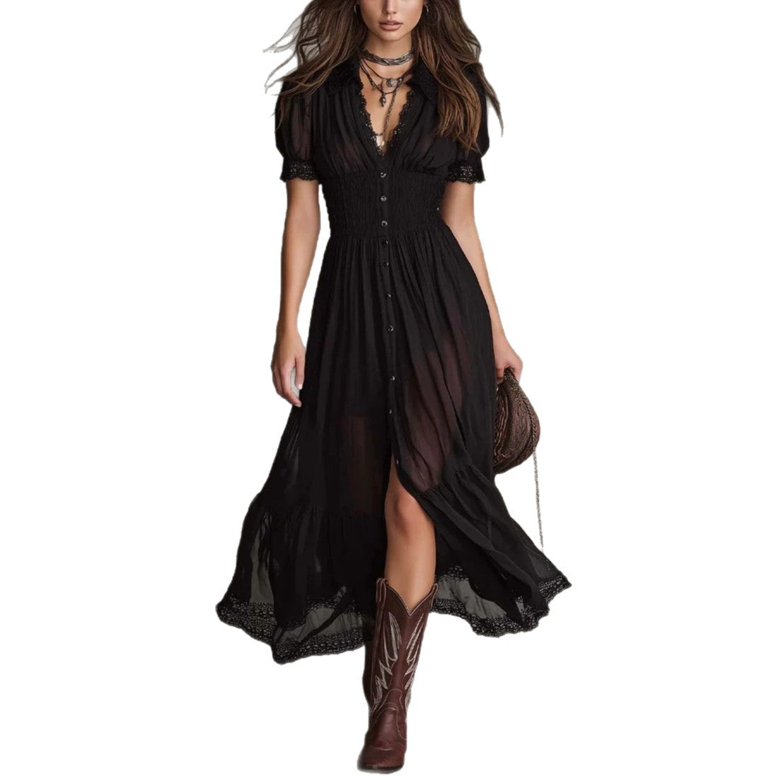 Fitted-waist Ruffled-edge Chic Dark-style V-neck Blouse And Slit Maxi Skirt – Premium 0 | RICALOUX