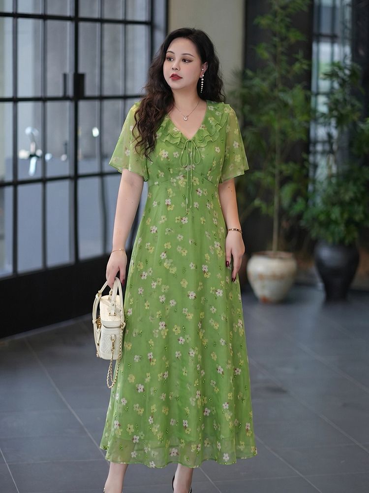 Women's Green Floral Fashion Casual Dress by Ricaloux