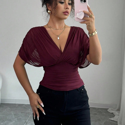 Deep V-neck Small Flying Sleeve Waist Ladies' Top by Ricaloux
