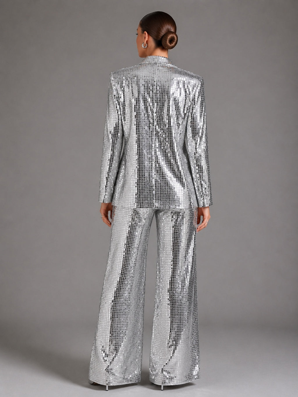 Silver Square Sequin Peak Lapel Blazer & High Waist Full Flare Trousers 2-Piece Party Suit – Premium 4 | RICALOUX