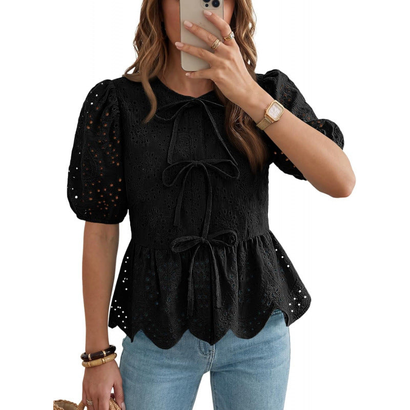 Ruffle-trimmed Puff-sleeved Top With A Tie Belt by Ricaloux