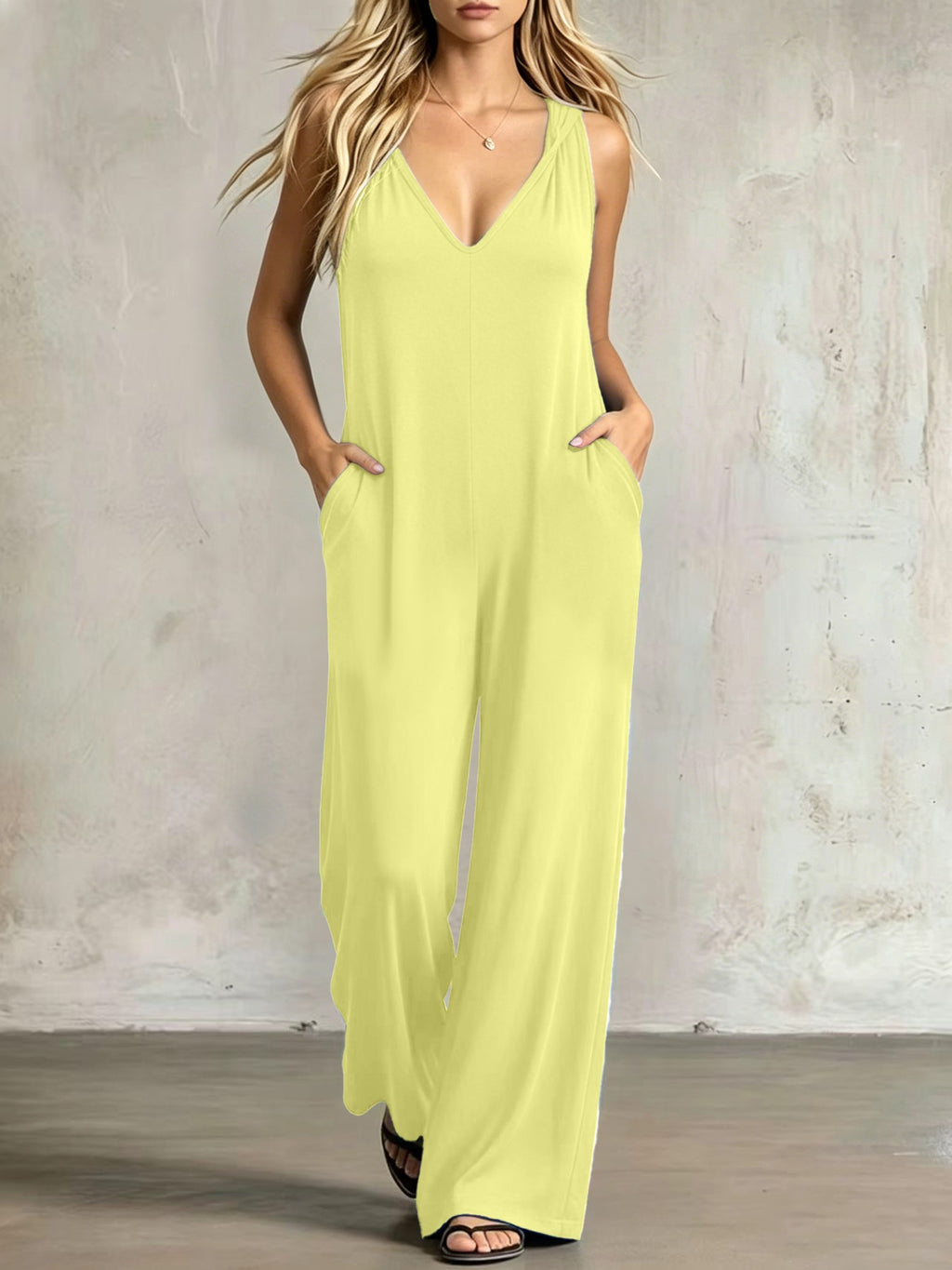 Simple V-neck Pocket Solid-color Hooded Jumpsuit – Premium 0 | RICALOUX