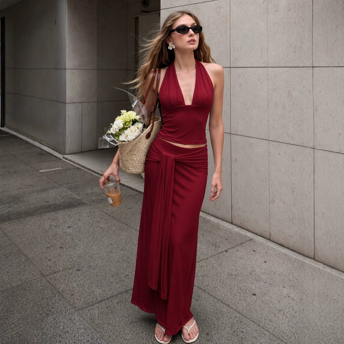 Girl-group-style Halter-neck Vest And Midi Skirt Two-piece Set by Ricaloux