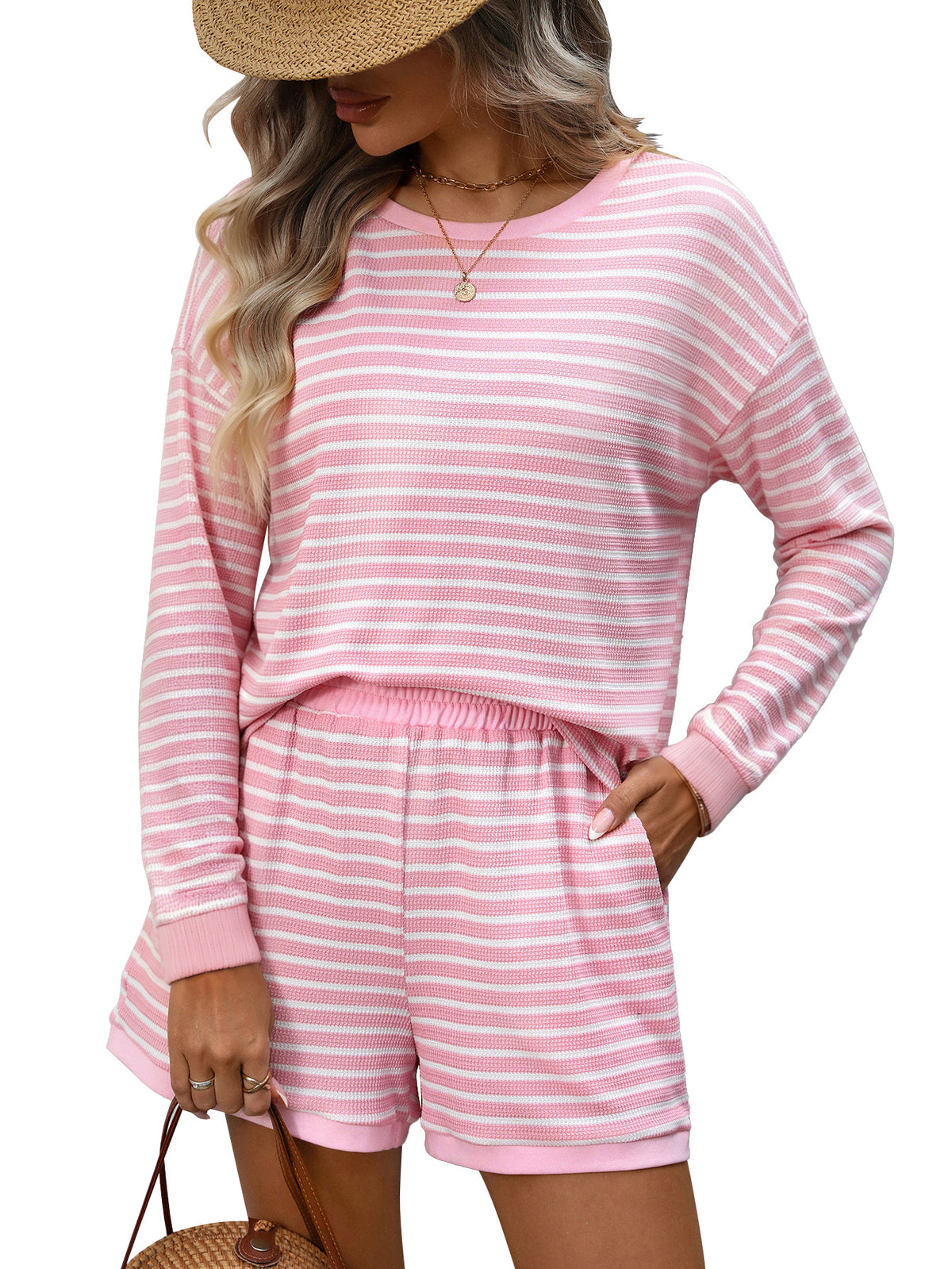 Womens Crew-neck Spliced Long-sleeve Shorts Two-piece Set by Ricaloux