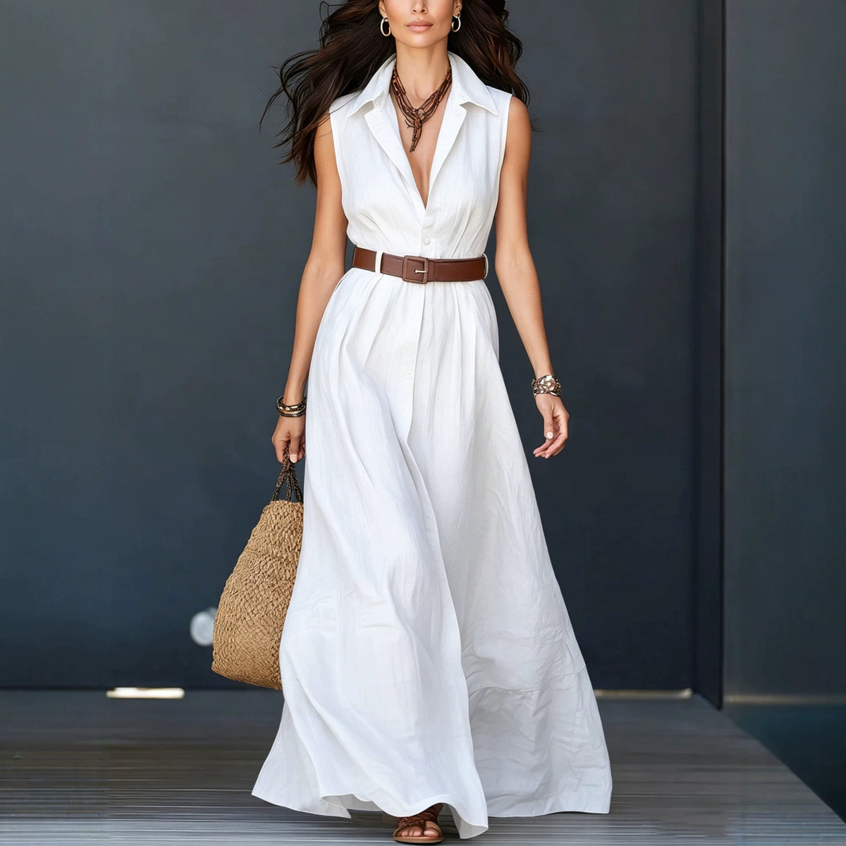 Sleeveless Lapel-neck Waist-cinching Shirt Dress – Premium 0 | RICALOUX