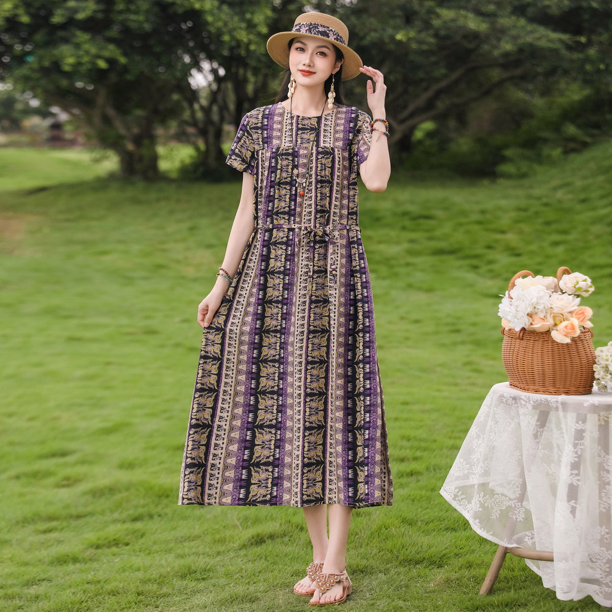 New Elegant Cotton Silk Dress For Middle Aged And Senior Women by Ricaloux