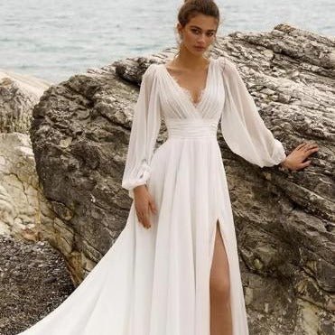European And American High Waist Plus Size Deep V Long Sleeve Mopping Backless Wedding Dress High Slit - RICALOUX