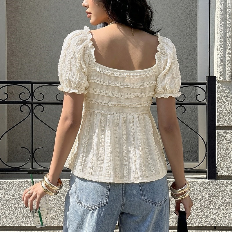 Solid-color V-neck Jacquard Pleated Puff-sleeve Top For Women – Premium 0 | RICALOUX