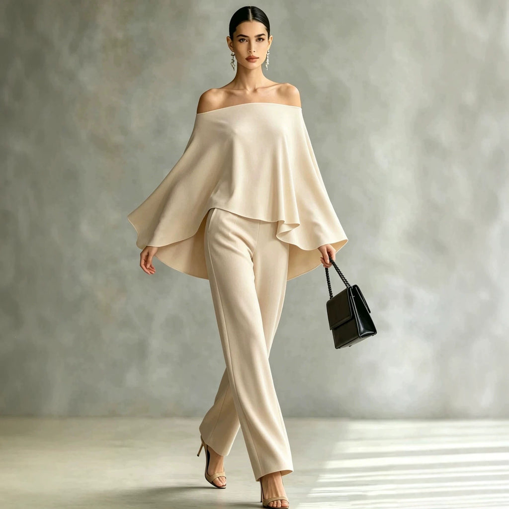Autumn Fashion Off-Shoulder Wide-Leg Pants Set Womens Solid-Color Asymmetric Two-Piece Set – Premium 0 | RICALOUX