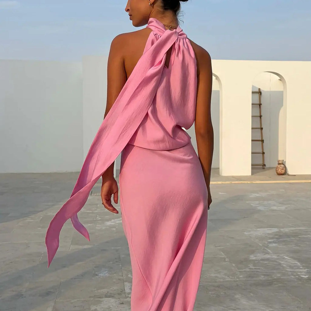 SpringSummer Halterneck Sleeveless Top With Flowing Straps And High-Waisted Fishtail Midi Skirt Set – Premium 0 | RICALOUX