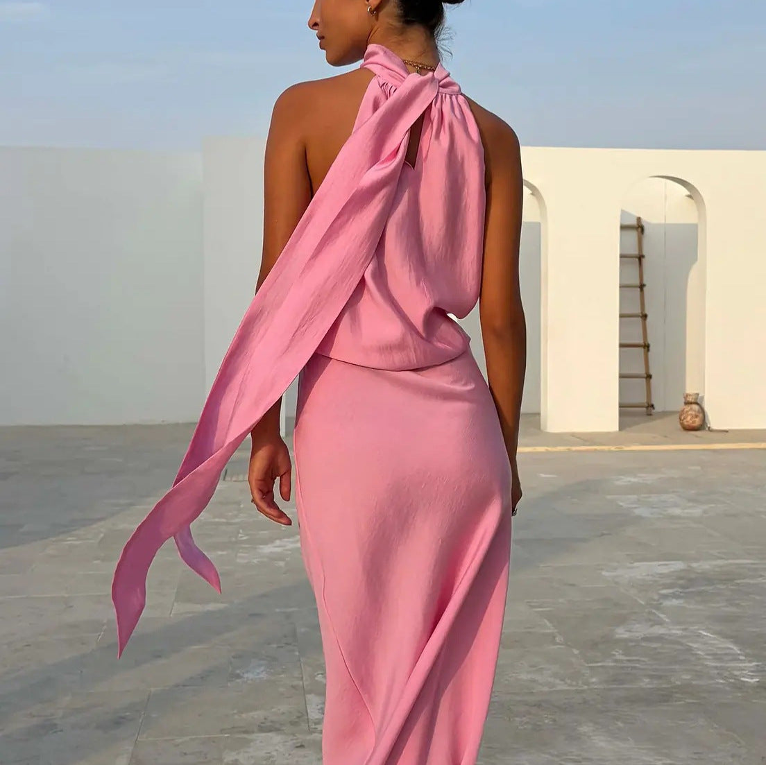 SpringSummer Halterneck Sleeveless Top With Flowing Straps And High-Waisted Fishtail Midi Skirt Set – Premium 0 | RICALOUX