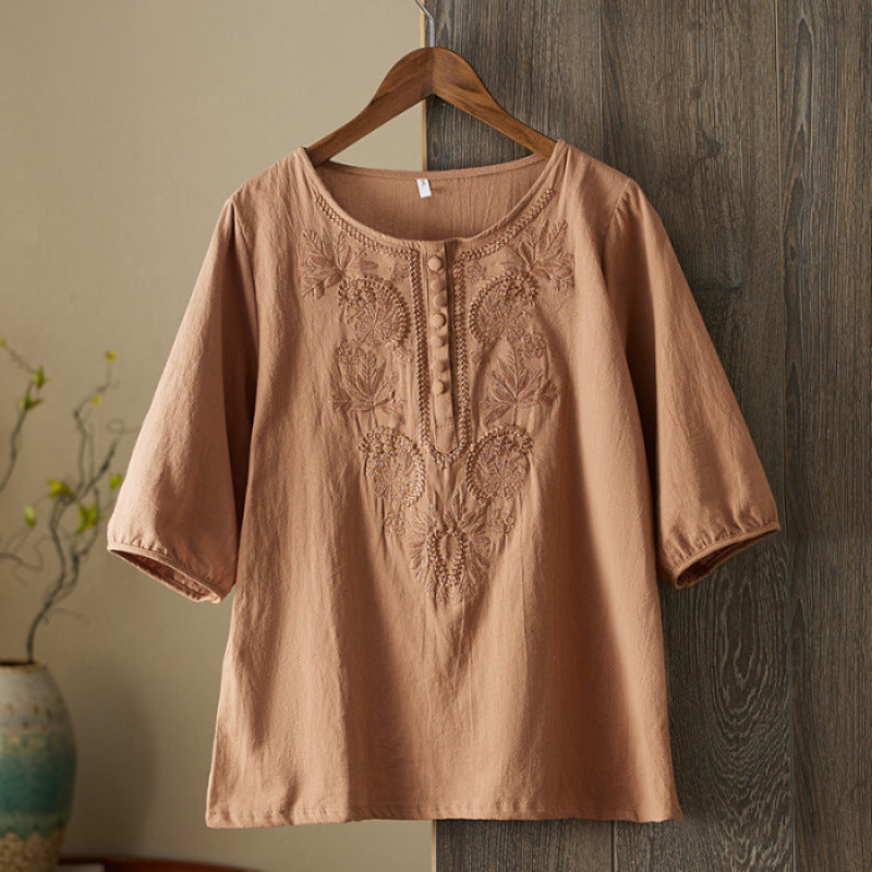 Womens Artistic Solid-Color Embroidered Cotton-Linen Top by Ricaloux