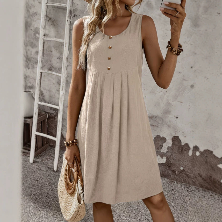 European And American-style Solid-color Round-neck Buttoned Sleeveless Loose-fitting A-line Dress by Ricaloux
