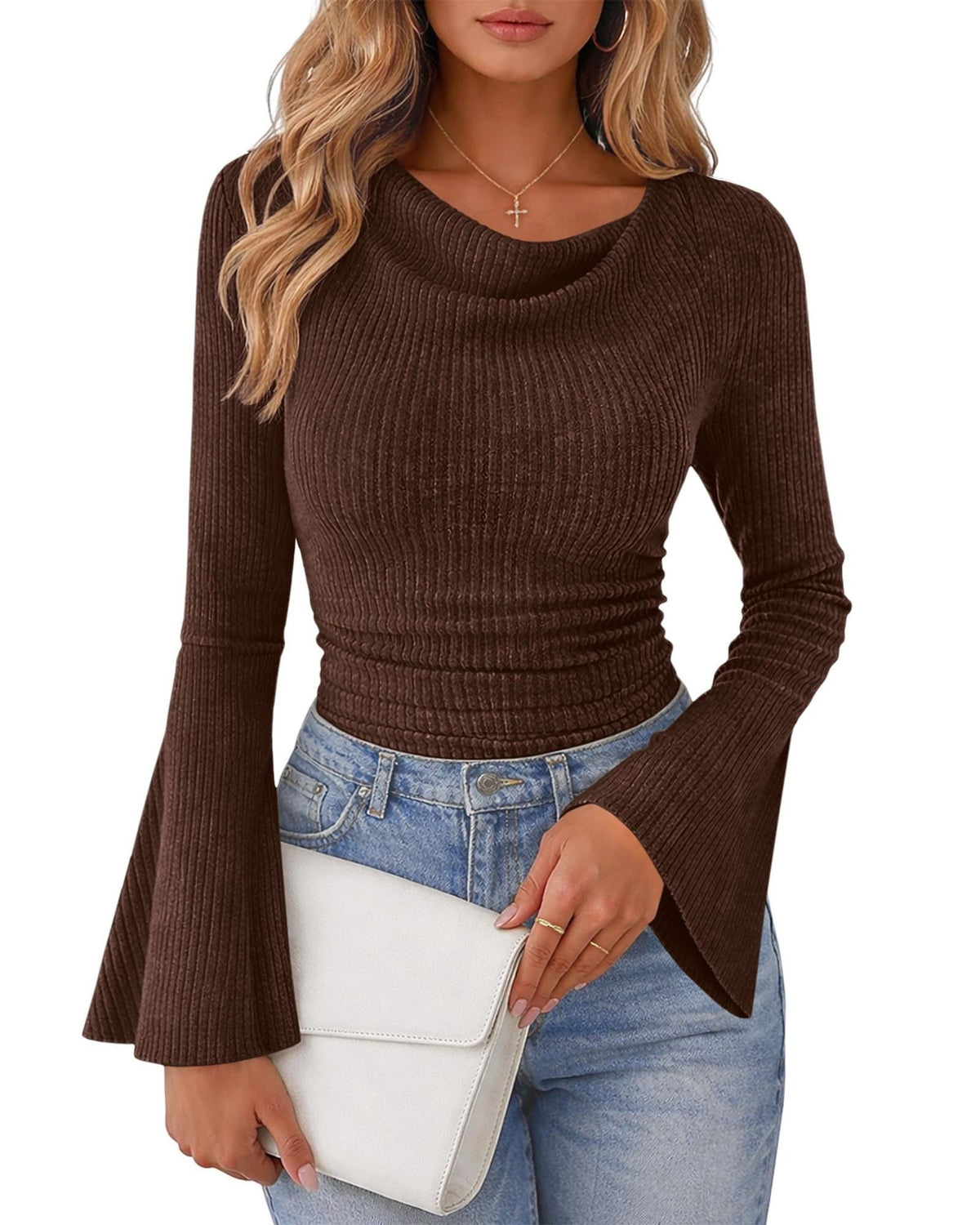 Womens Solid-Color Brushed T-Shirt With Flared Long Sleeves by Ricaloux