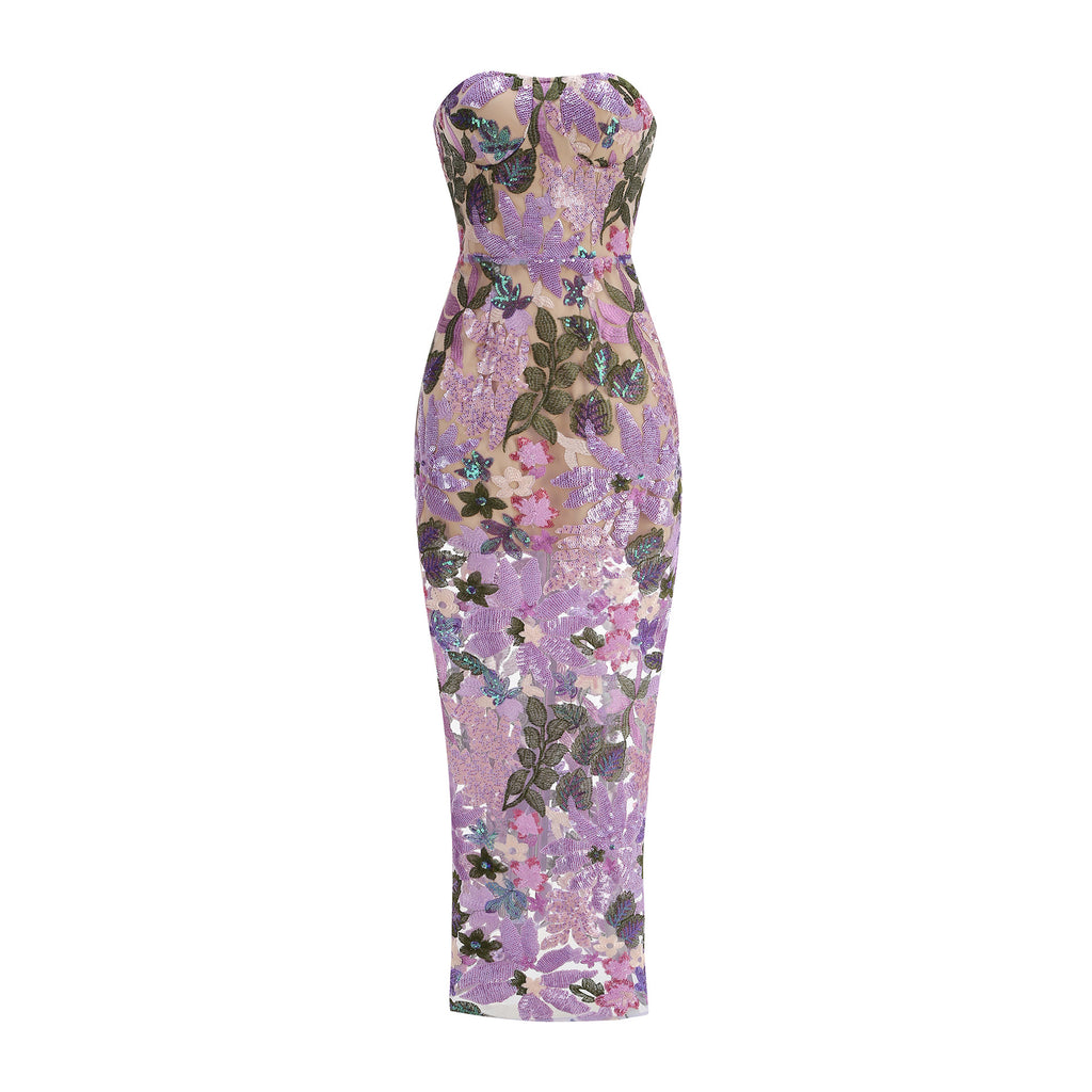 Embroidered Beaded Floral Strapless Dress For Women by Ricaloux