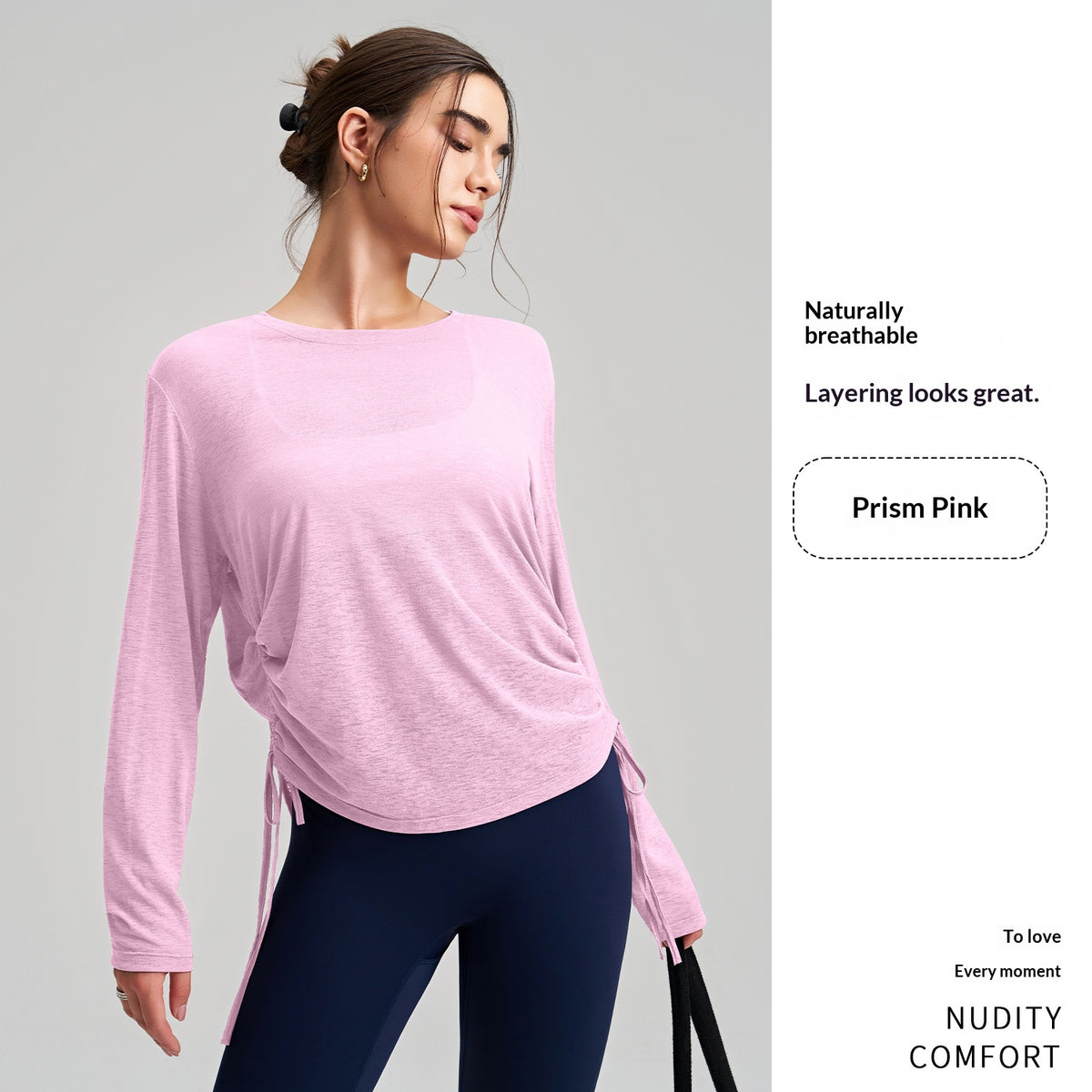New Outerwear Crew Neck Yoga Cover-up Long-Sleeve Hip-Covering Side Drawstring T-Shirt, Loose Breathable Workout Running Yoga Top – Premium 4 | RICALOUX