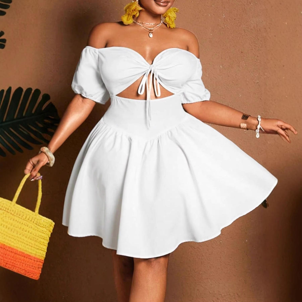 Womens Solid-color Plus-size Off-shoulder Midriff-baring Puff-sleeve Dress by Ricaloux