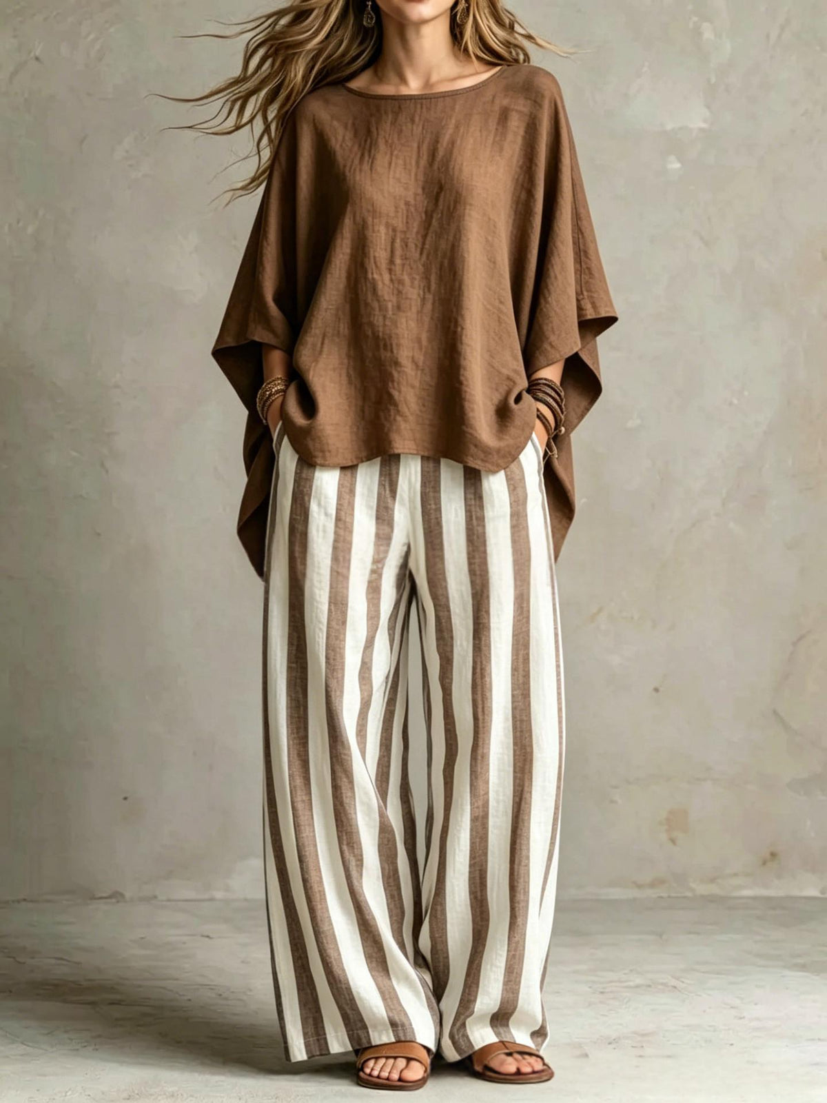 Womens Striped Pants And Cotton-Linen Top Set With Batwing Sleeves – Premium 0 | RICALOUX