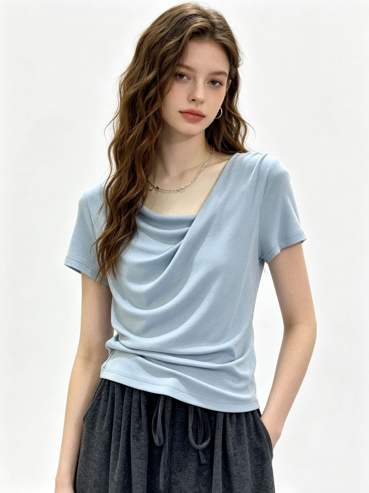 Design-focused Asymmetrical Boat-neck Short-sleeve T-shirt For Women – Premium 0 | RICALOUX