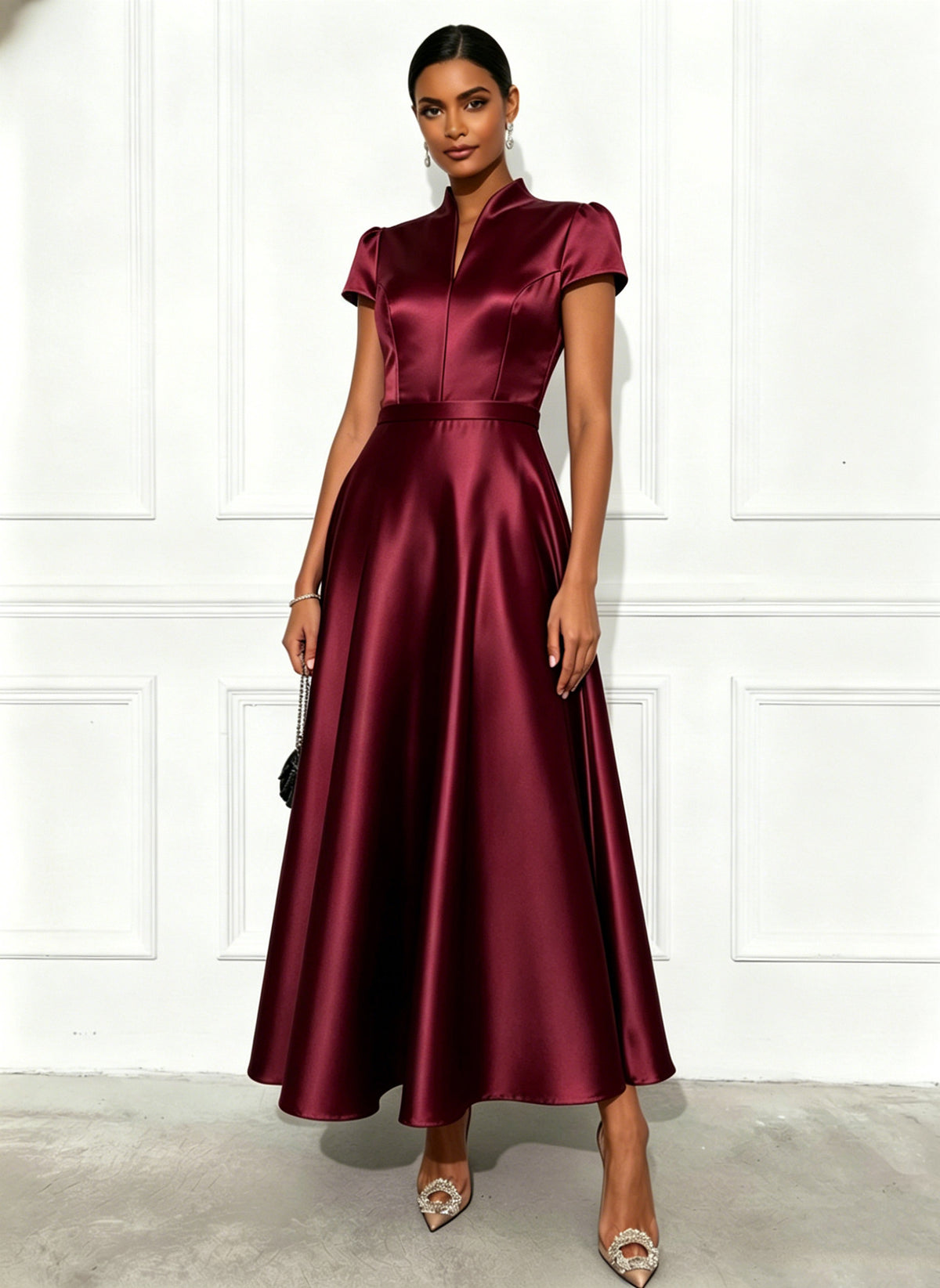 Solid-color Knitted Satin Short-sleeve Waist-cinching Swing Dress – Premium 0 | RICALOUX