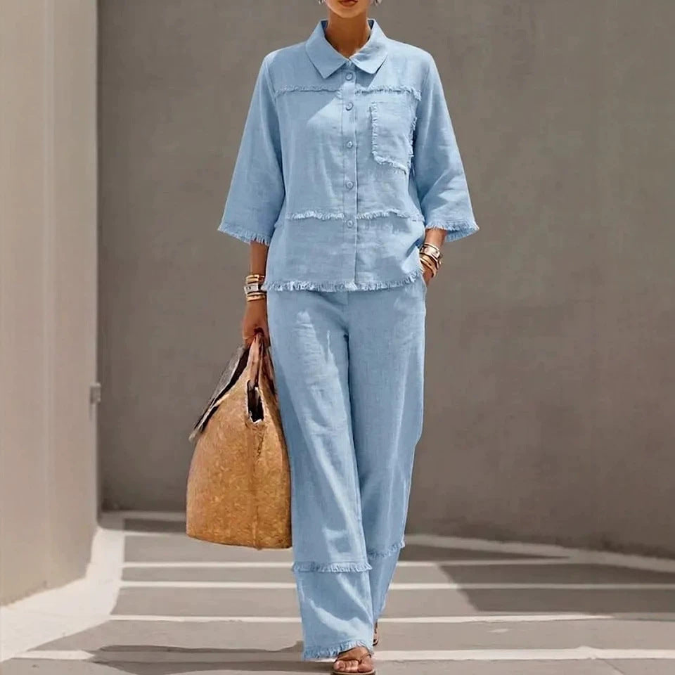 Stylish Casual Lapel Shirt Set With Raw-edged Blouse by Ricaloux