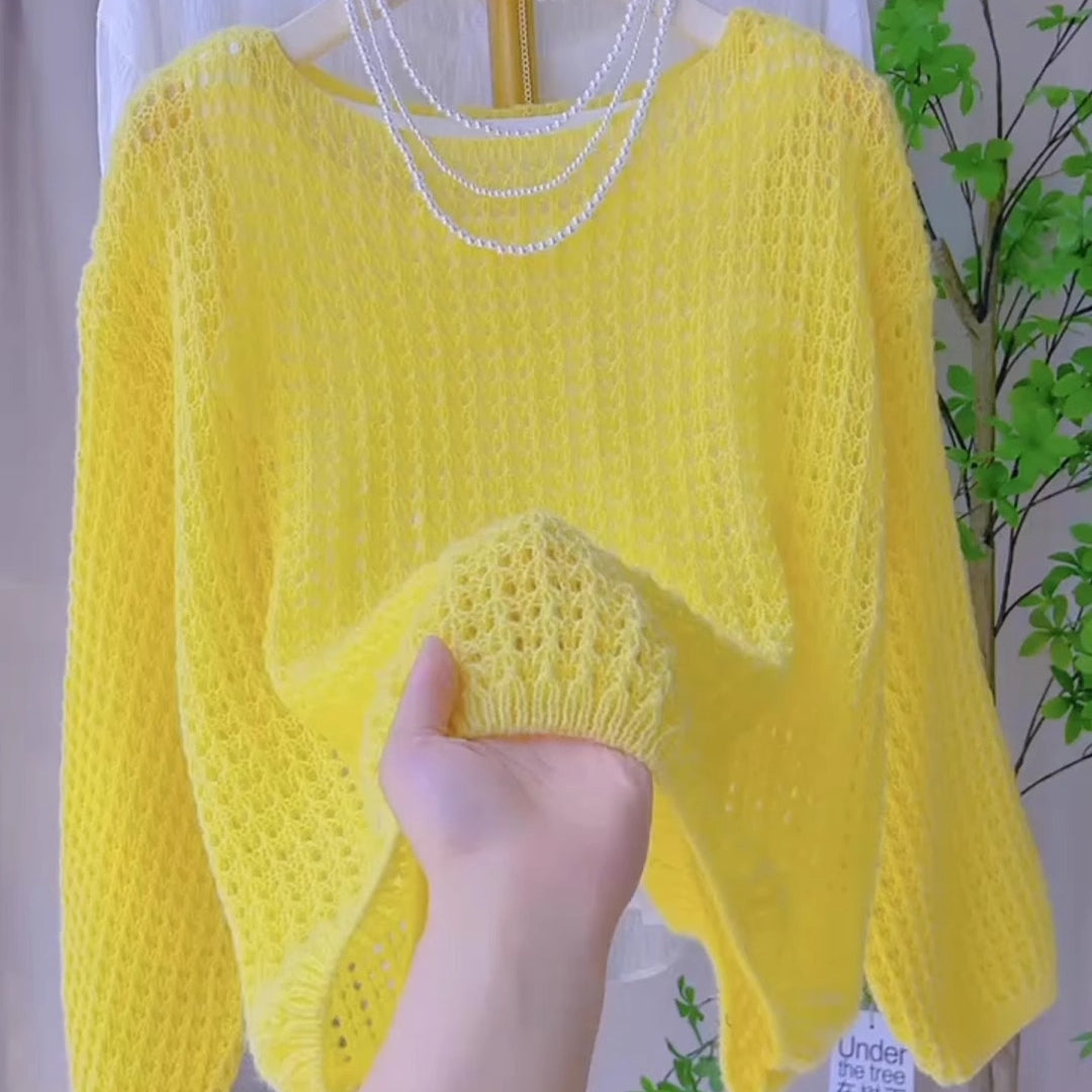 Womens Solid-color Versatile Breathable Hollow-out Top by Ricaloux