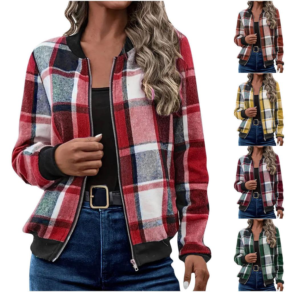 Womens Plaid Printed Long-Sleeve Zip-Up Jacket – Premium 0 | RICALOUX