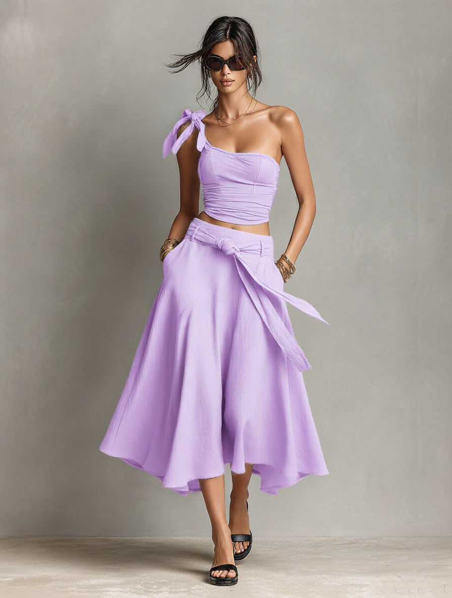 Off-Shoulder Strap Top With Slanted Shoulders High-Waisted A-Line Long Skirt Womens Set – Premium 0 | RICALOUX