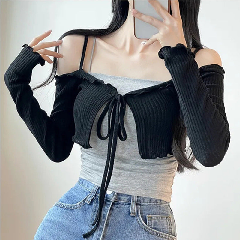 Off-Shoulder Slim-Fit Lace-Up Long-Sleeve Cardigan T-Shirt by Ricaloux