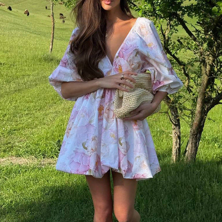 Sexy Open-Back V-Neck Puff-Sleeve Tie-Waist Dress by Ricaloux