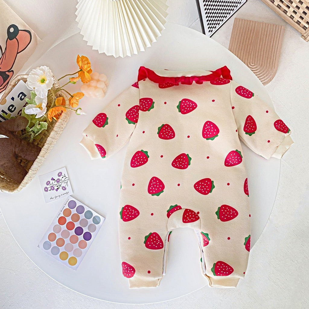 Baby Girl Warm Clothes Strawberry Printed Quilted One-piece Romper - RICALOUX