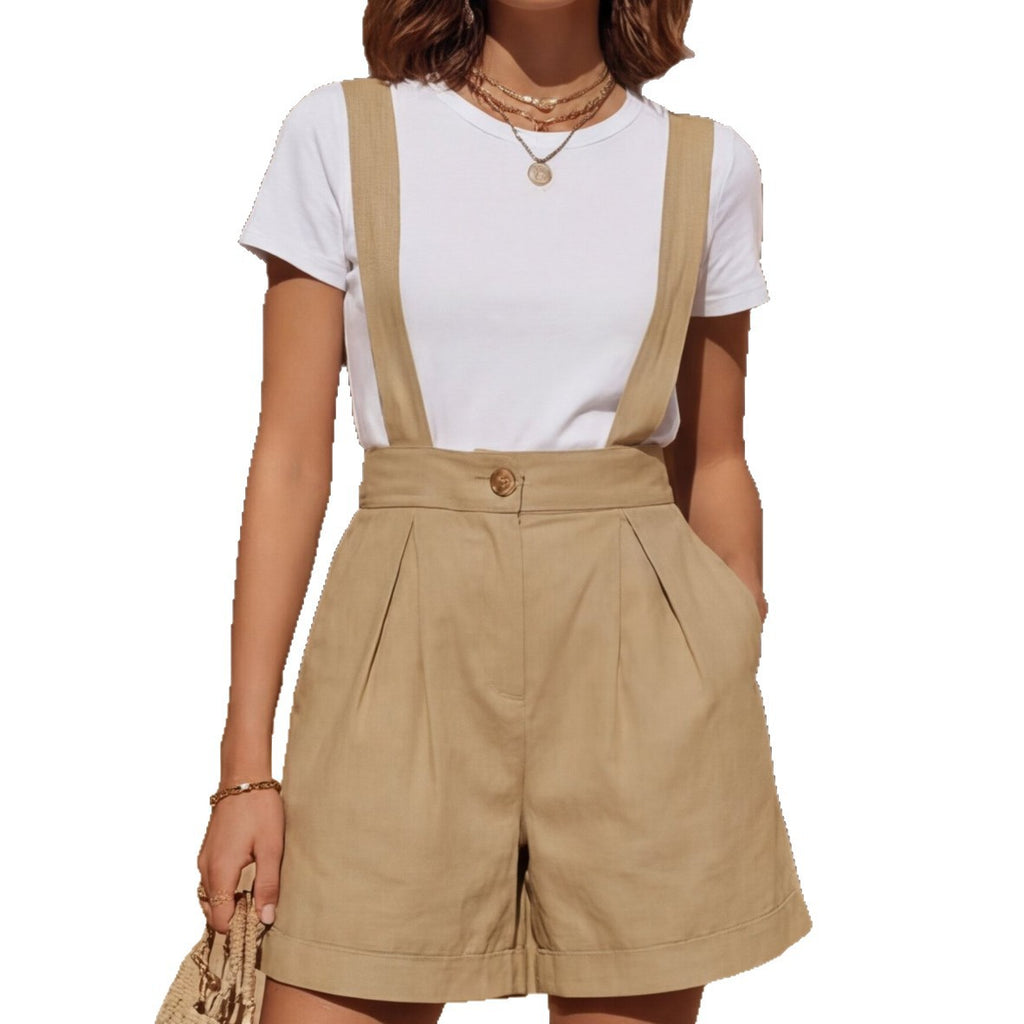 Womens Solid-Color Bohemian-Style Chic Suspender Shorts For Vacation by Ricaloux