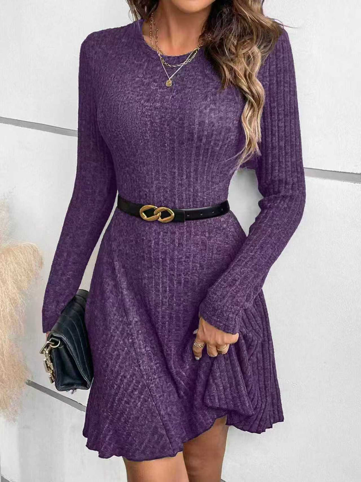 Womens Elegant Solid-color Rib-knit Crew-neck Long-sleeve Dress – Premium 0 | RICALOUX