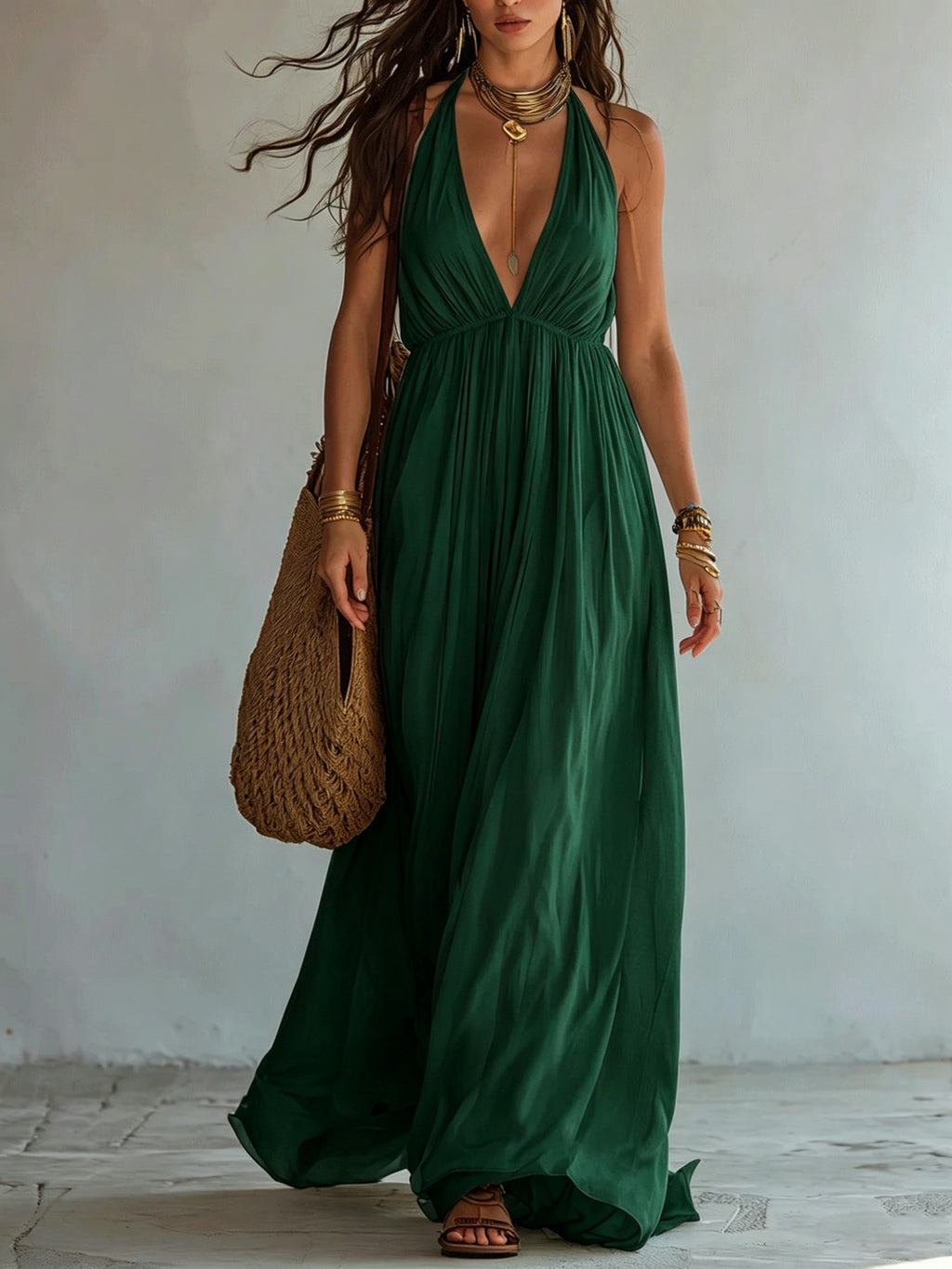 Deep V-neck Halter Backless Dress For Women by Ricaloux