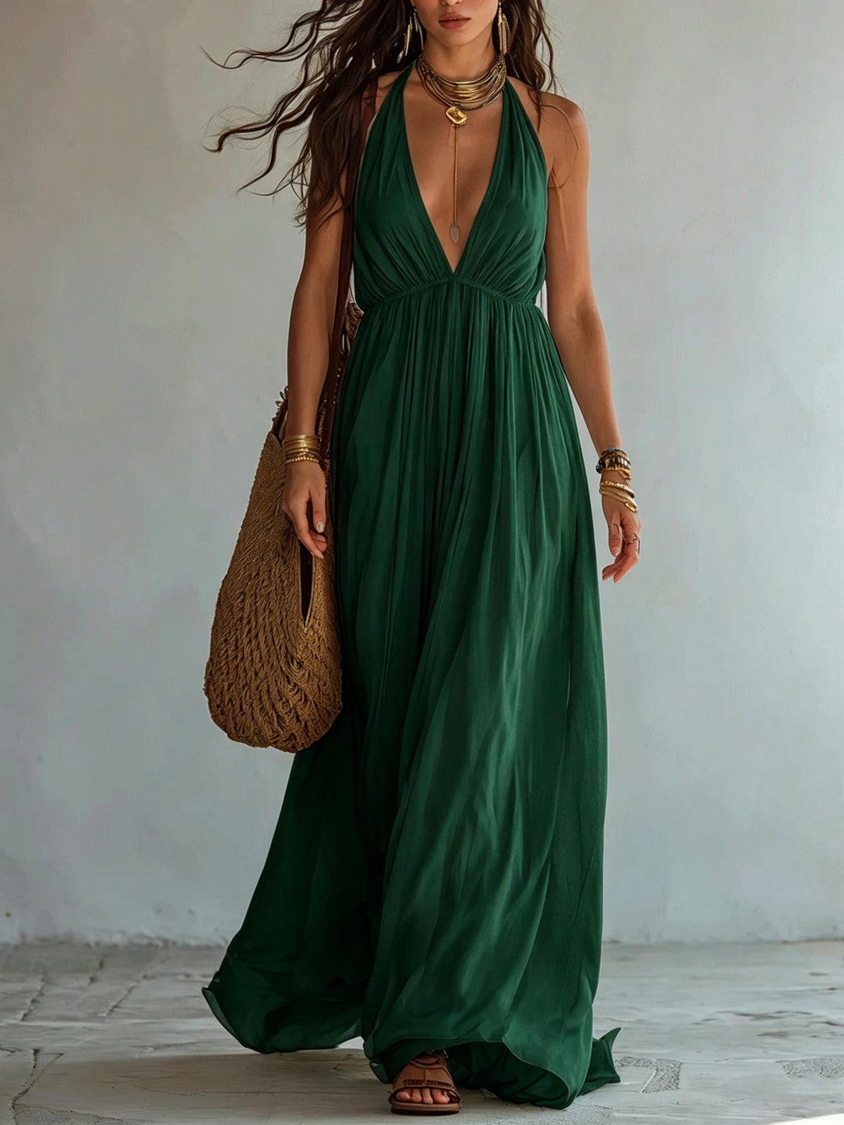 Deep V-neck Halter Backless Dress For Women by Ricaloux