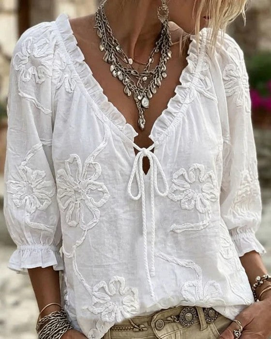 Embroidered Jacquard Ruffle-Trimmed Drawstring V-Neck Top by Ricaloux
