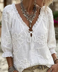 Embroidered Jacquard Ruffle-Trimmed Drawstring V-Neck Top by Ricaloux
