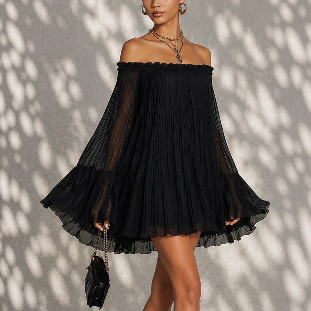 Lotus-Leaf Flared Long-Sleeve Sheer Dress by Ricaloux