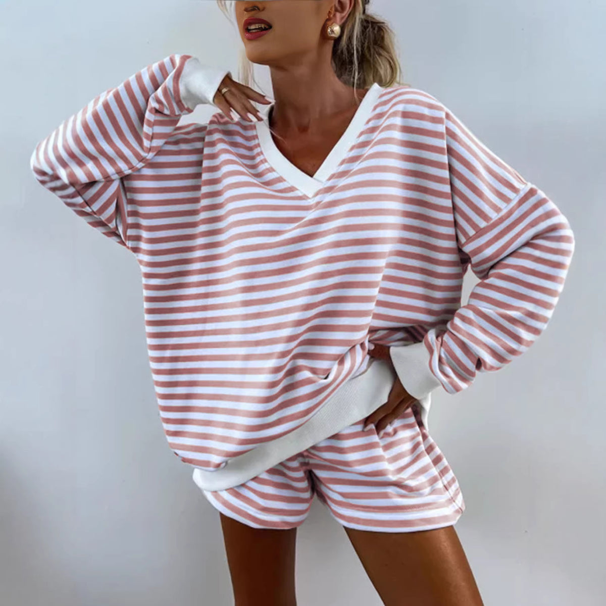 Womens Striped V-Neck T-Shirt And Shorts Set – Premium 0 | RICALOUX