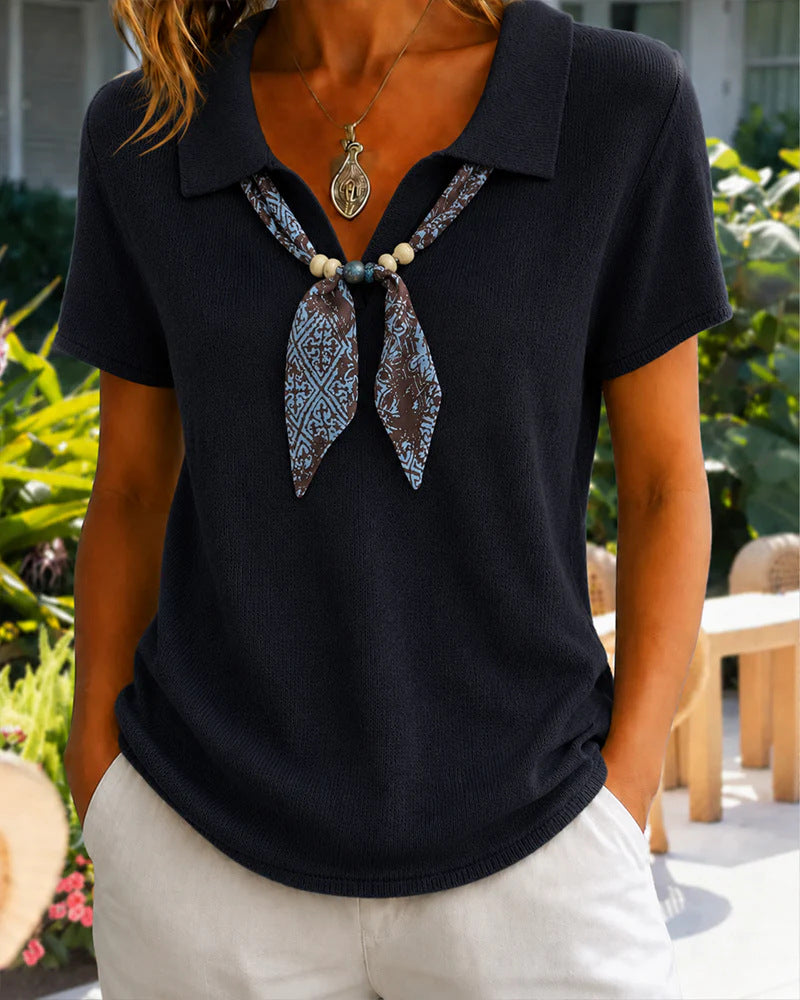 Womens Knitted Polo-neck Top With Short Sleeves And A Ribbon Detail by Ricaloux